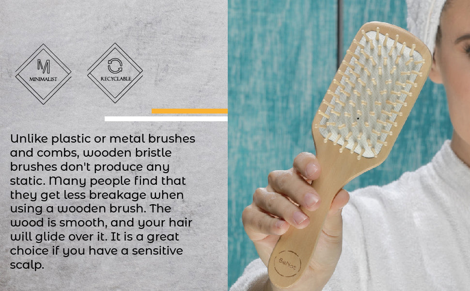 wooden hairbrush with text about its benefits on the left such as less breakage .