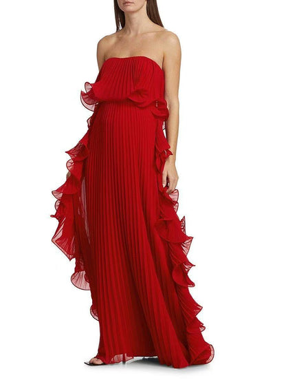 Strapless ruffle maxi dress – close-up of tiered cascading ruffle side panel and accordion pleat fabric detail

