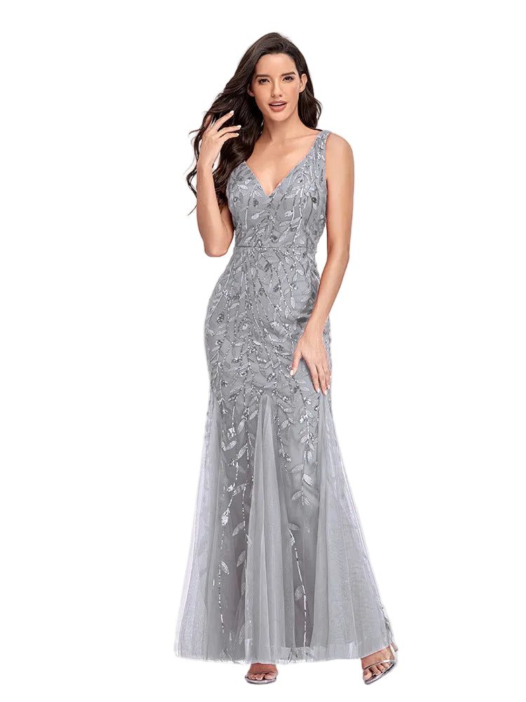 Grey sequin embroidered formal dress V-neck tulle skirt women