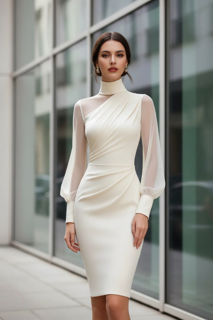 Turtleneck slim-fit midi dress with lantern sleeves in beige– women's elegant bodycon dress
