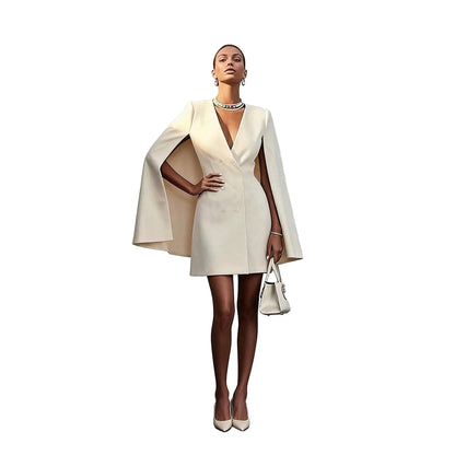 Front view of cape sleeve blazer dress in beige – V-neck double-breasted mini dress