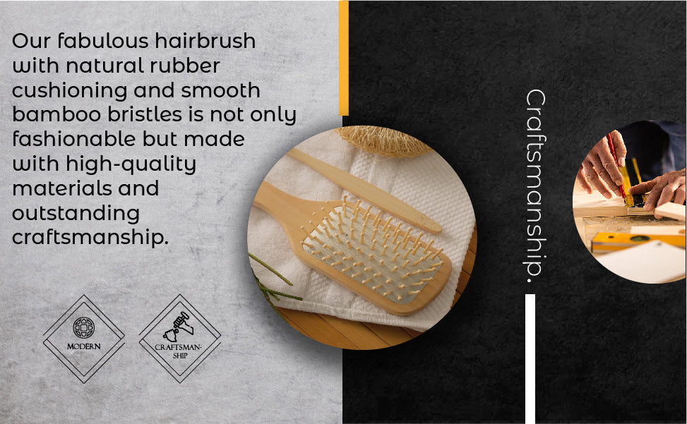 Hairbrush with natural rubber cushioning and smooth bamboo bristles, featuring craftsmanship text and brand logos.