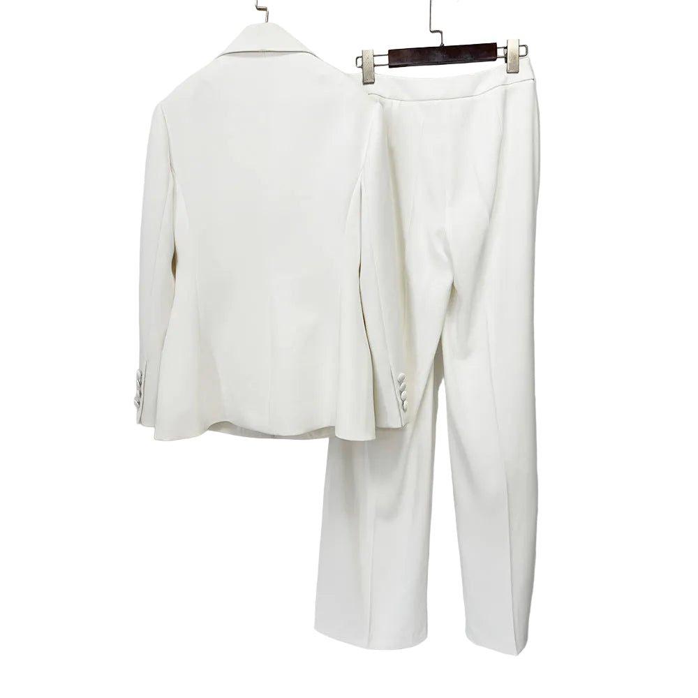 back of Crystal-Embellished Shawl Collar Blazer & Wide-Leg white Trouser Suit Set