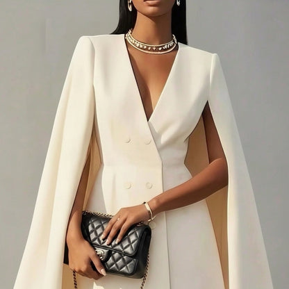 Women's double-breasted cape sleeve blazer mini dress in  beige – structured formal dress
