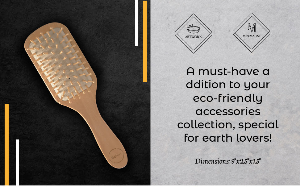 Beige paddle hairbrush on a black background with text about eco-friendly accessories.
