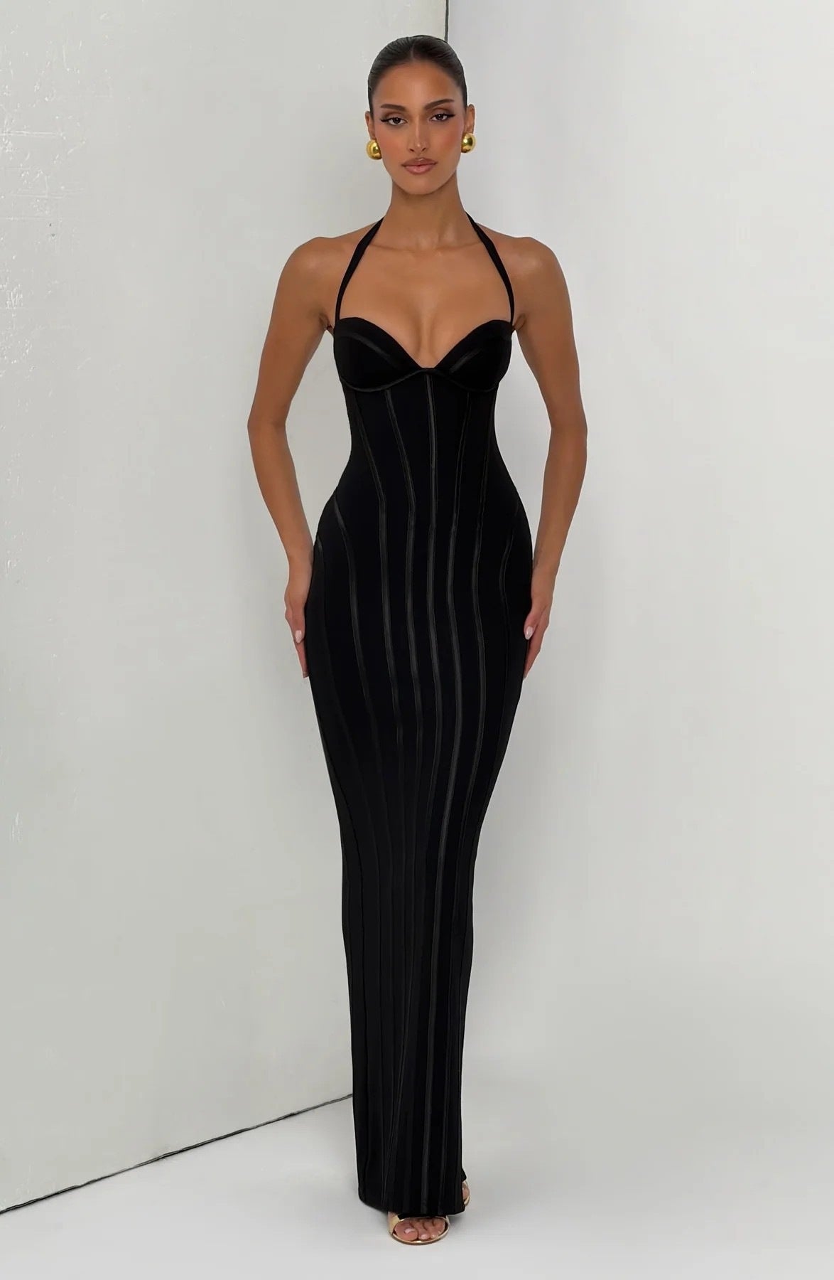 Corset Halter Fishtail Maxi Gown in Black