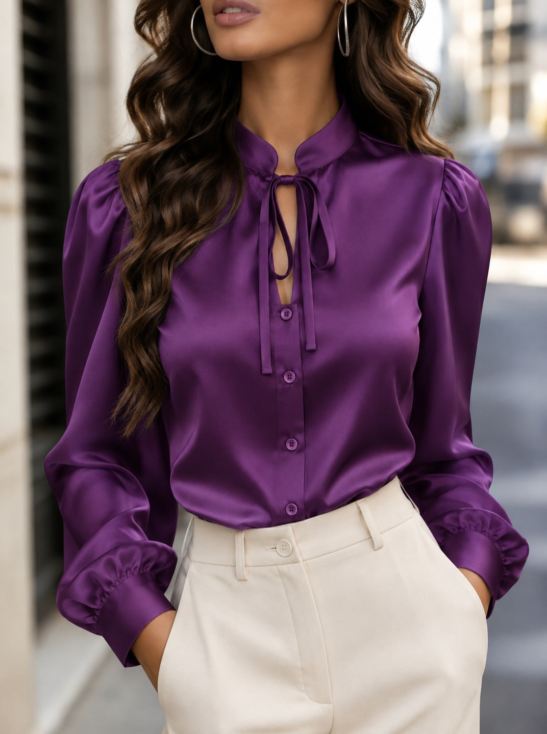 Fashionable And Elegant Satin Long-sleeve Blouse With A Tie Neckline in Purple