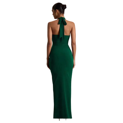 Deep V-neck ruched knot bodycon maxi dress in green – close-up of gathered knot waist and pleated fabric detail
