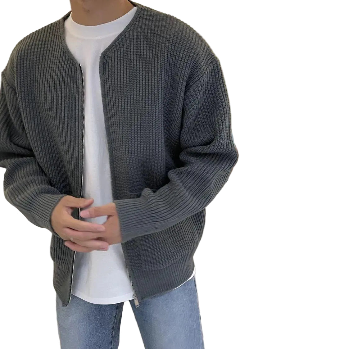 Men wearing  a grey zip-up knit cardigan with patch pockets and relaxed fit, front view