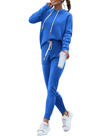 Women's drawstring hoodie and high waist trousers set in blue– full length front view, casual lounge outfit
