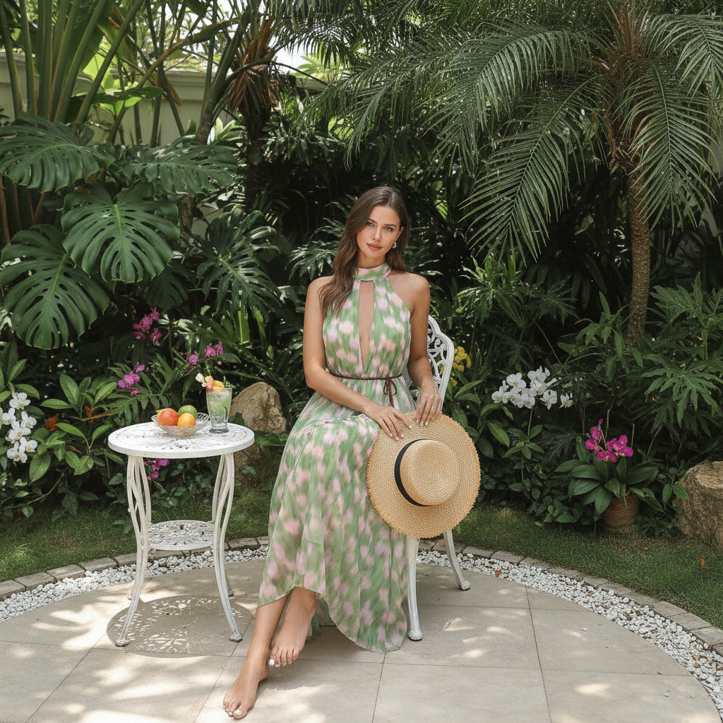 Close-up of green floral print fabric on lightweight polyester midi dress
