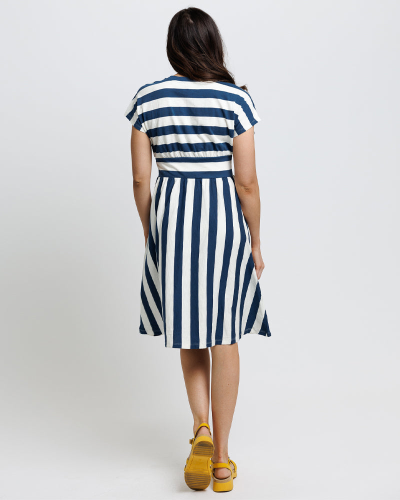 Casual blue and white midi striped dress 