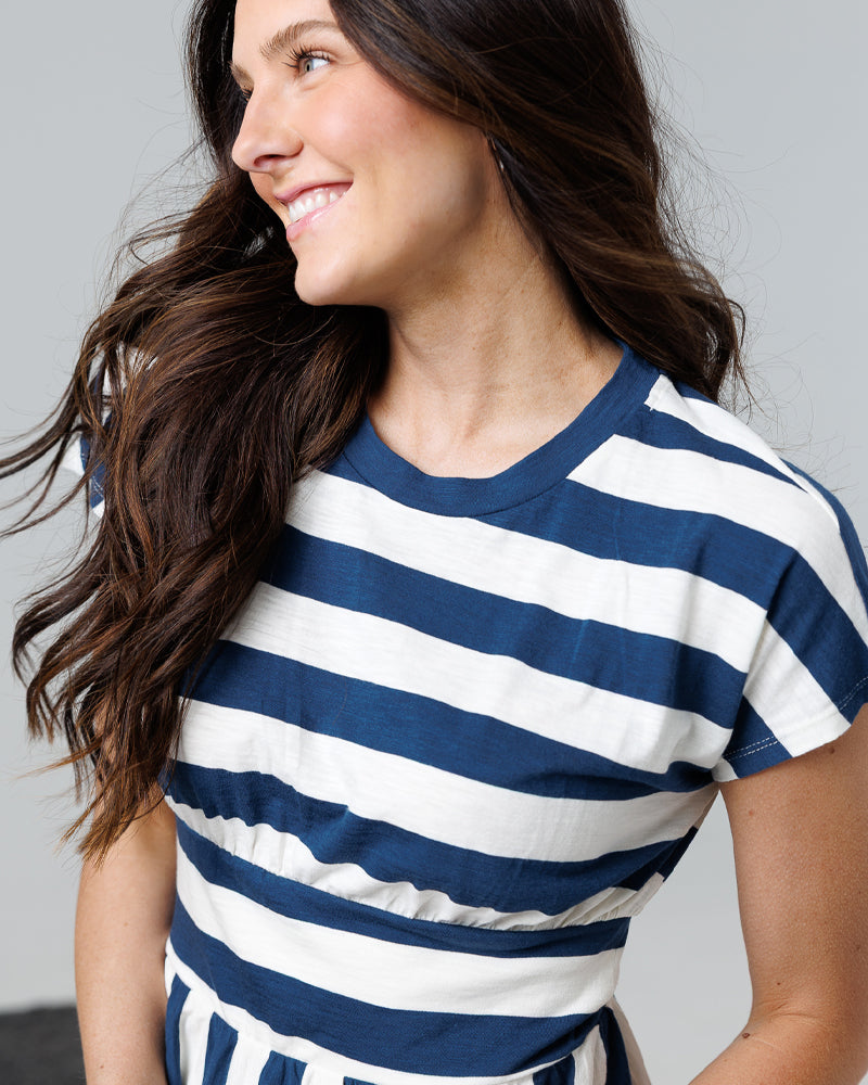  a blue and white striped shirt with short sleeves 