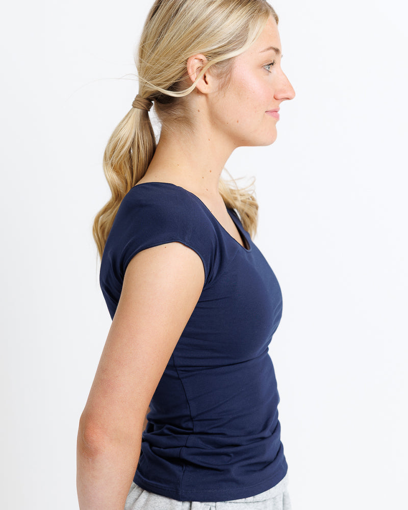 Maritime blue fitted cotton tee with cap sleeves