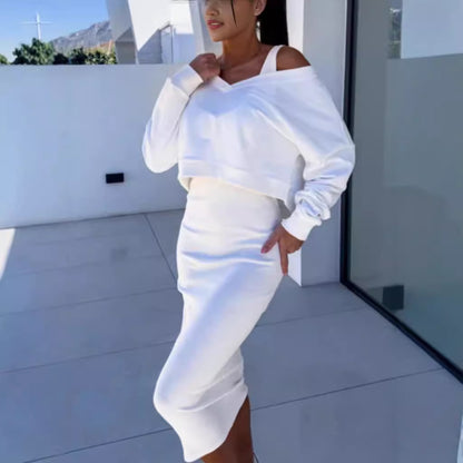 Sweatshirt and sleeveless dress set in white– front view, minimal urban style two-piece outfit
