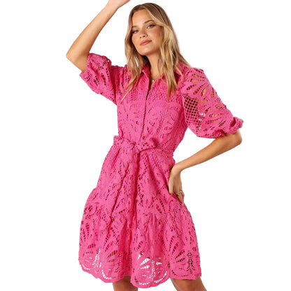 elegant  bright pink lace dress with a waist belt 