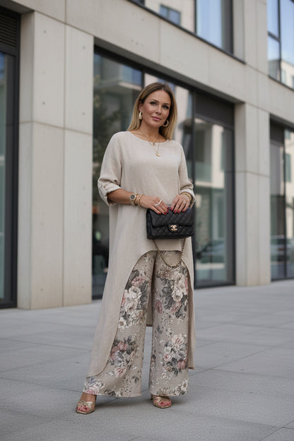 Women's flying sleeve top with wide-leg straight-leg pants in gbeige,linen blend
