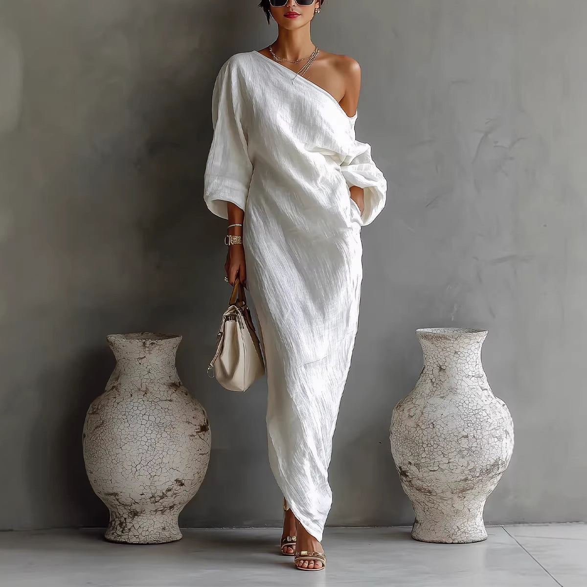 Irregular Off-shoulder Long Dress Fashion Elegant Long-sleeved