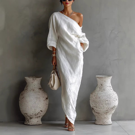 Irregular Off-shoulder Long Dress Fashion Elegant Long-sleeved