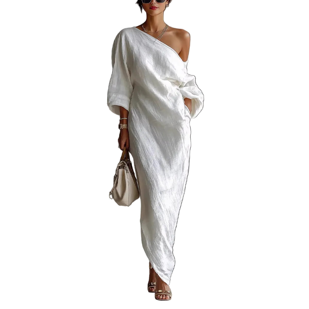 White Off-Shoulder Linen Maxi Dress Long Sleeve