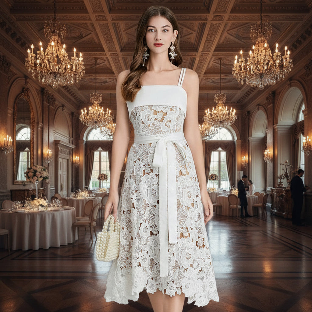 Holiday party dress in white lace with adjustable waist tie and maxi length

