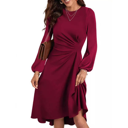 Long Sleeve Ruched Waist A-Line Dress