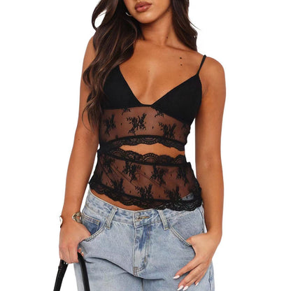 Lace mesh V-neck spaghetti strap bralette top in black – front view showing lace stitching detail and open neckline
