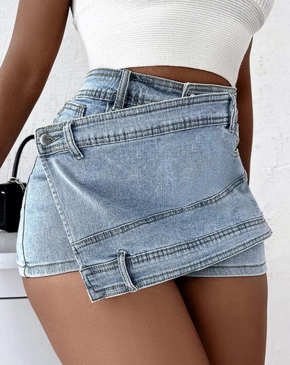 Asymmetric Wrap Denim Skort with High Waist, Overlapping Front Panel, and Stretc
