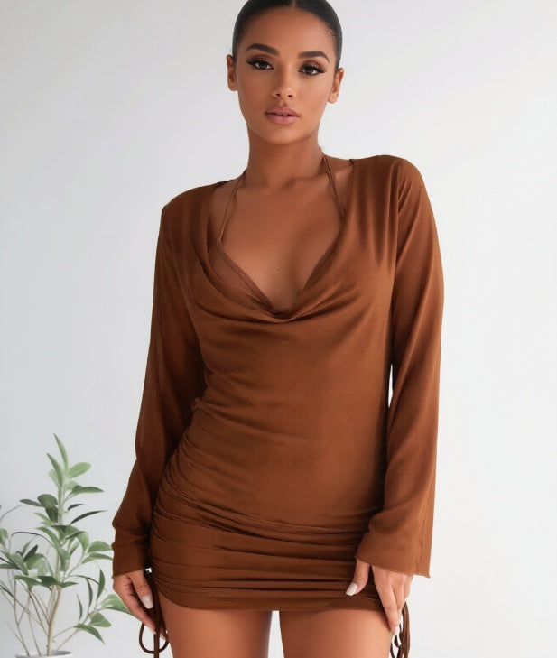 Cowl-Neck Long Sleeve Ruched Mesh Mini Trending Dress with Side Drawstring Ties in Caramel Brown
