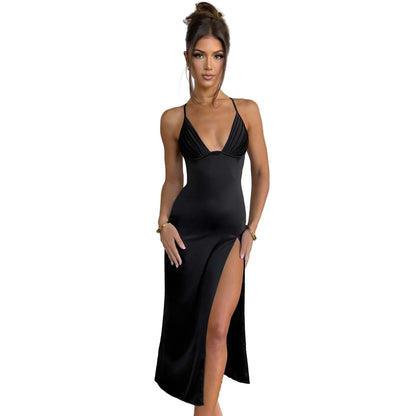 Black spaghetti strap deep V-neck bodycon dress – pleated bust detail and high split midi length

