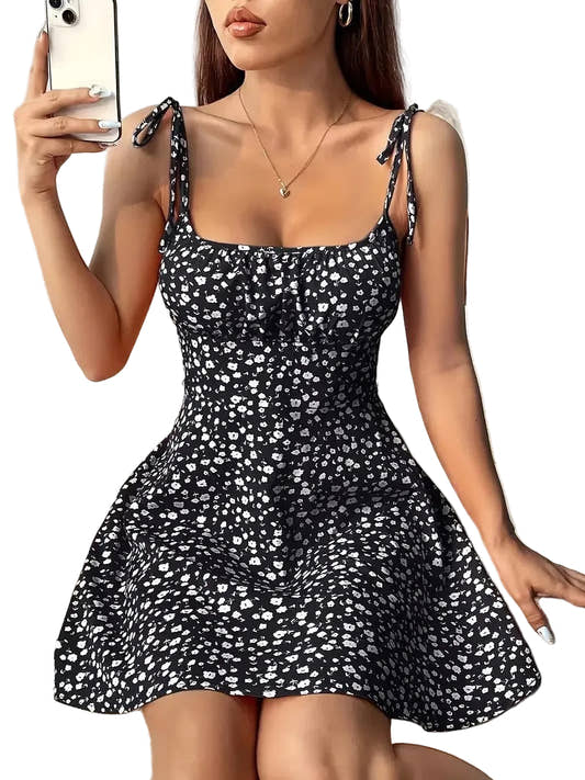 Black floral print tie-strap square neck A-line mini dress – front view, fitted waist and flared skirt
