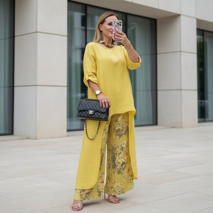 Relaxed fit irregular top and wide-leg pants co-ord set in yellow linen fabric

