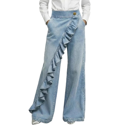 Wide leg ruffle jeans women high waist retro denim trousers black

