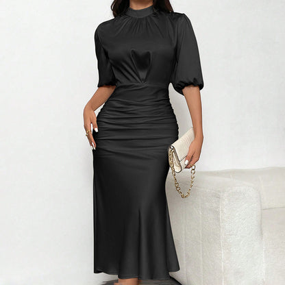 Ruched Satin Mock Neck Midi Dress