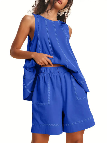 Matching tank and shorts lounge set in blue – side view showing elastic waist and cropped shorts length
