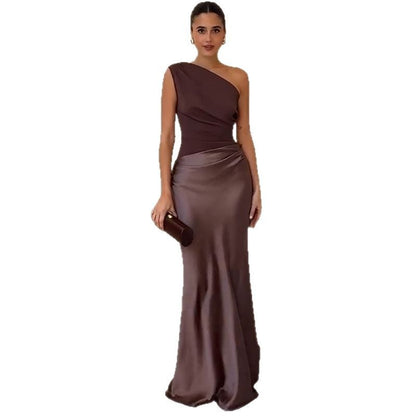 dark brown one shoulder backless maxi dress women
