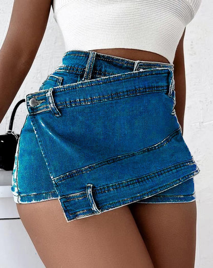 High-Waist Wrap-Front Denim Mini Skirt Shorts with Layered Asymmetric Hem Panel
