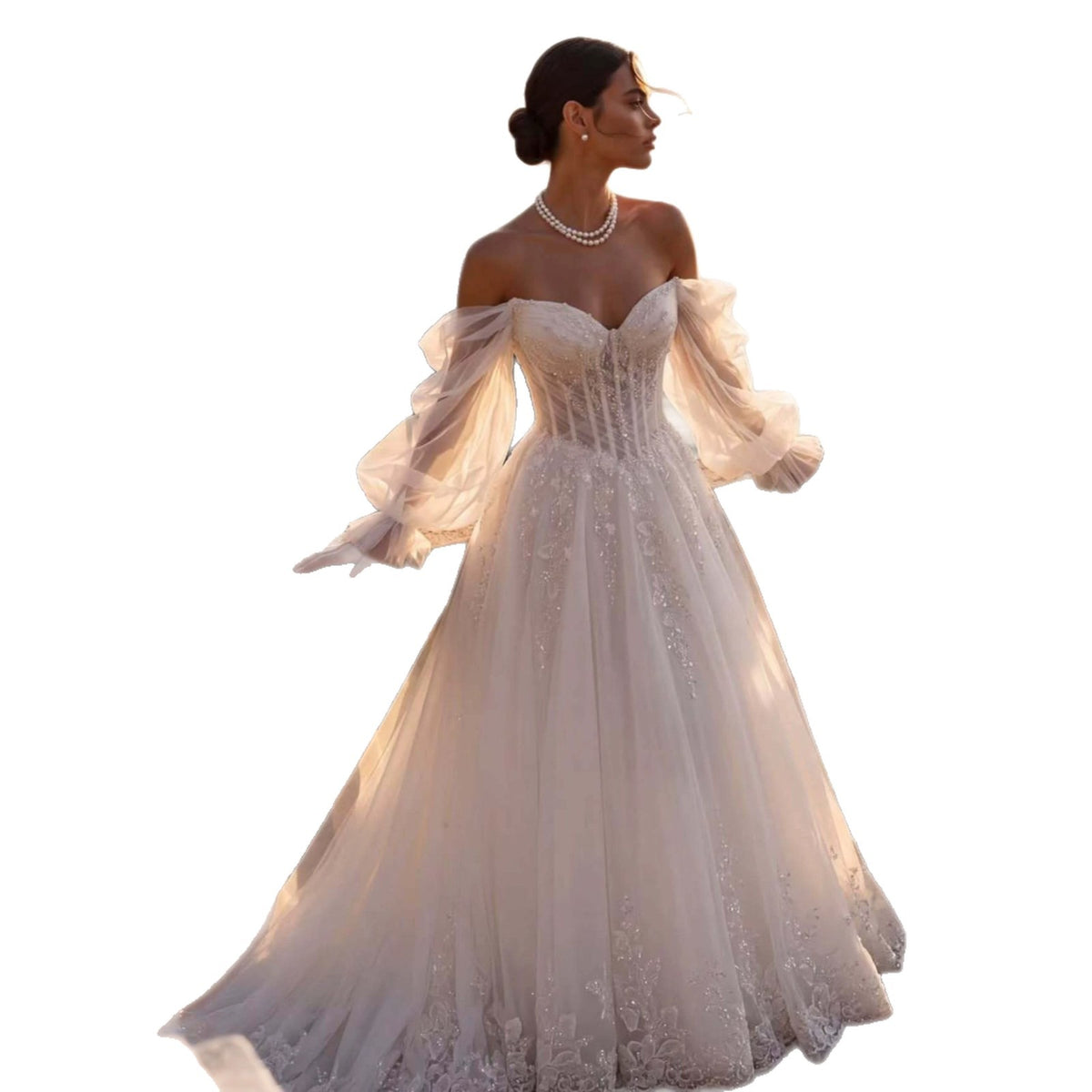 Ivory Lace Ball Gown with Sheer Bishop Sleeves – view 2