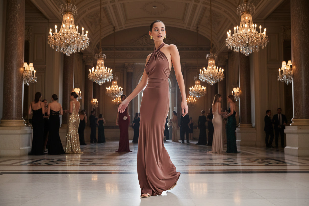 light brown halter neck maxi dress - backless evening gown with fitted waist for wedding guest

