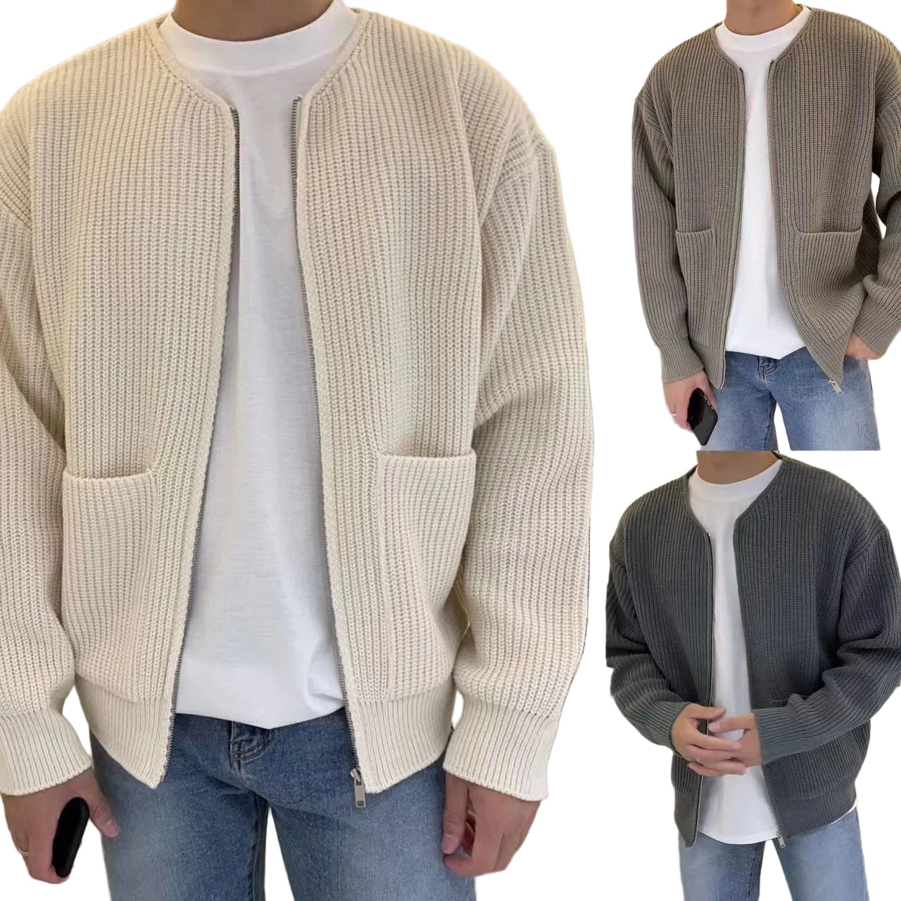 Men wearing khaki zip-up ribbed knit cardigan with patch pockets, open front casual style

