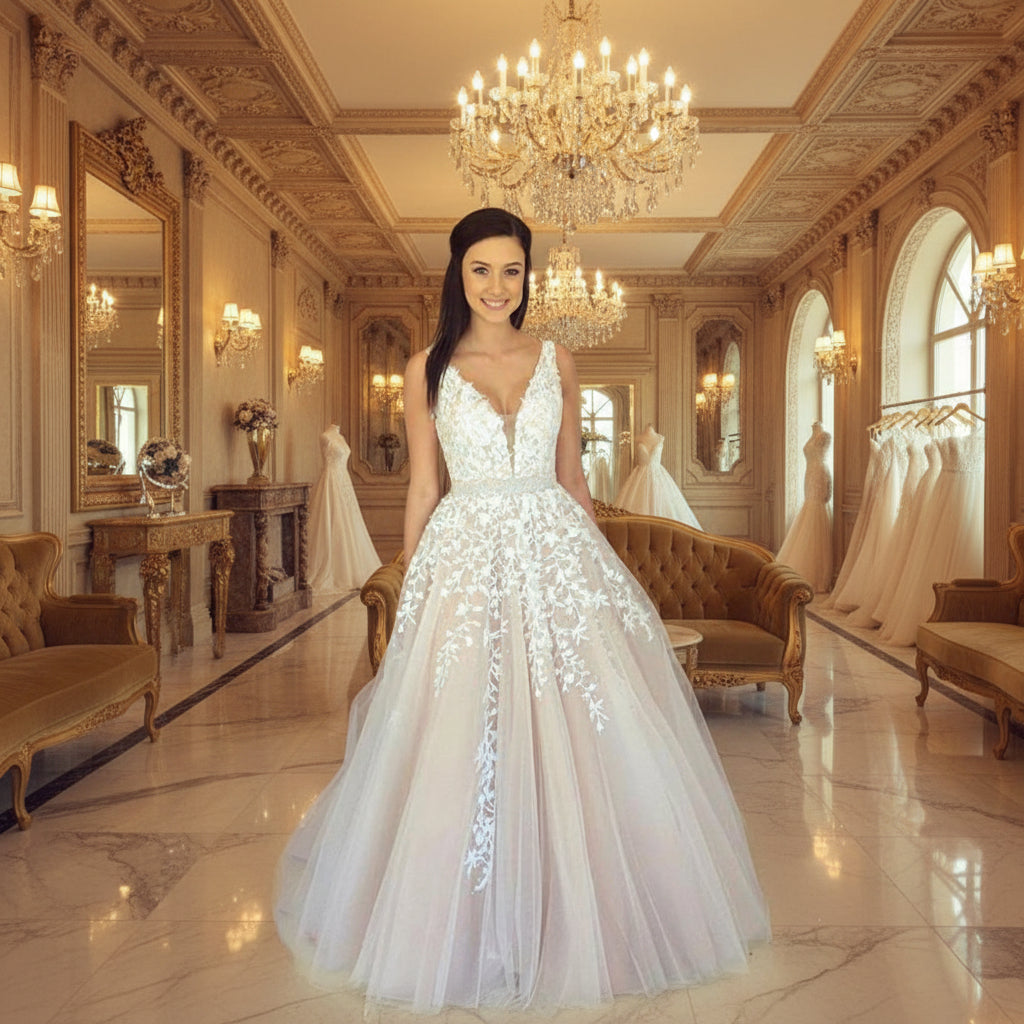 Women's off-shoulder lace bridal gown white flowing silhouette