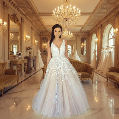 Women's off-shoulder lace bridal gown white flowing silhouette