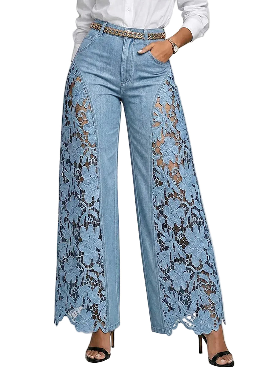 Close-up of floral lace panel detail and scalloped hem on high-waist wide-leg jeans