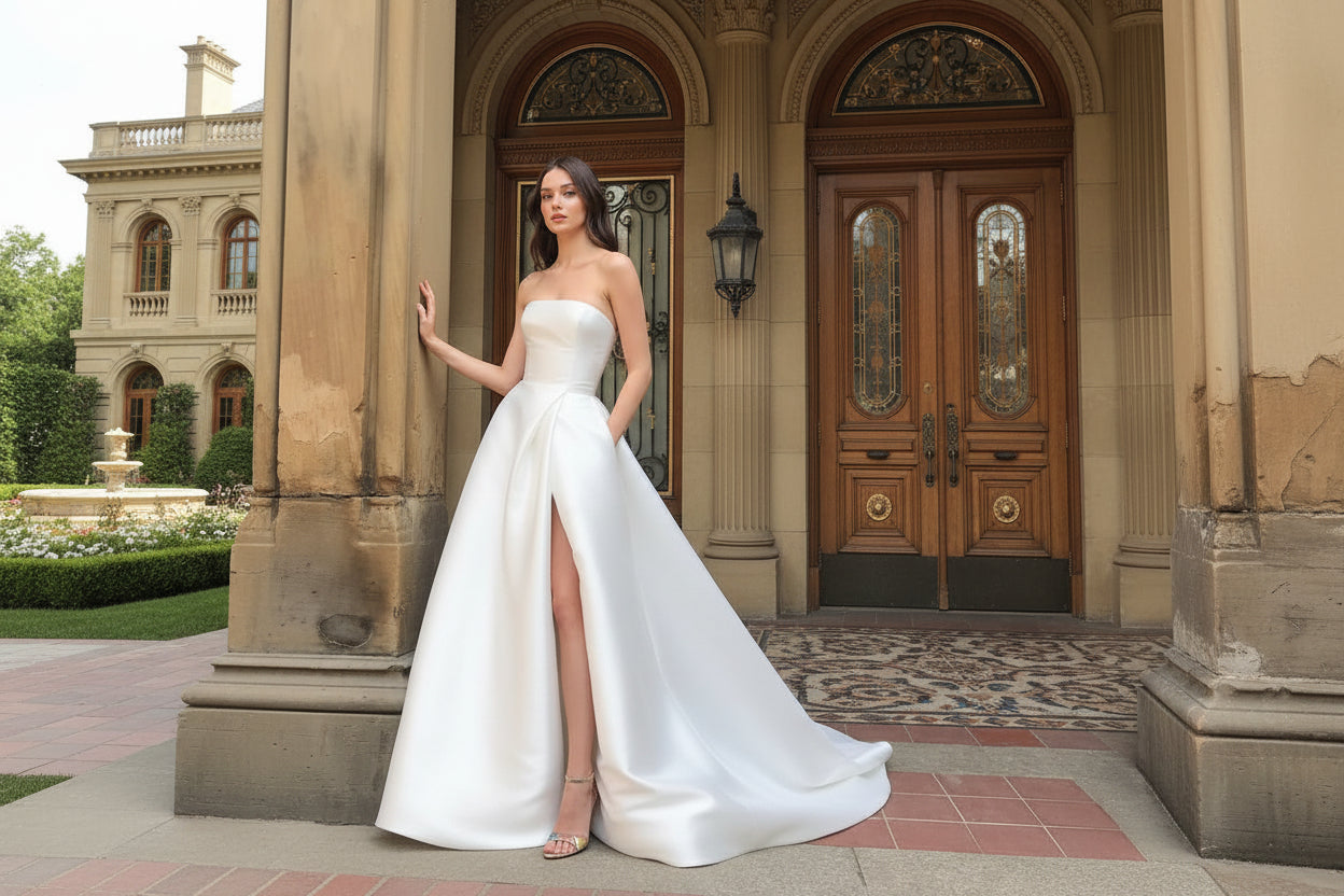 White high waist split wedding dress sshowing leg slit and figure-flattering silhouette
