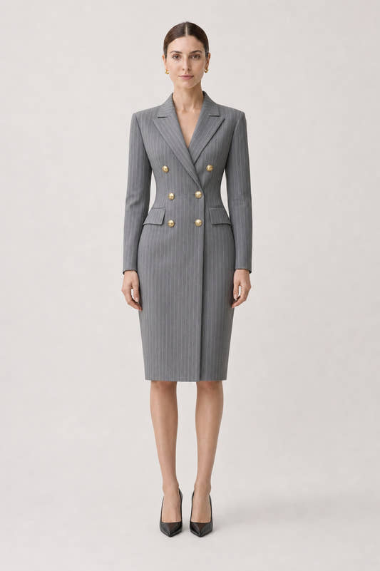 Grey Pinstripe Double-Breasted Blazer Midi Dress in Grey