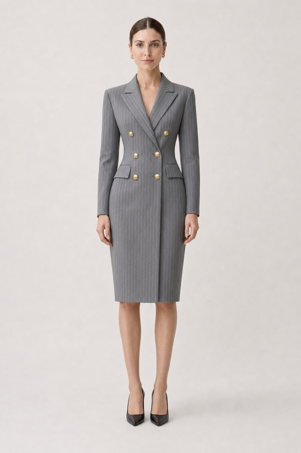 Grey Pinstripe Double-Breasted Blazer Midi Dress in Grey