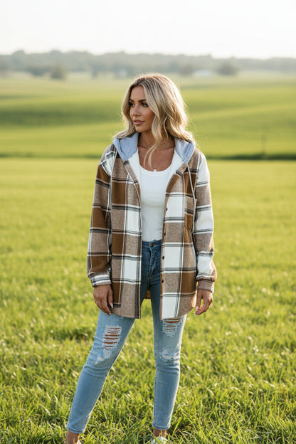 Plaid hooded coat with princess sleeves in brown – front view showing button-front closure and hood detail
