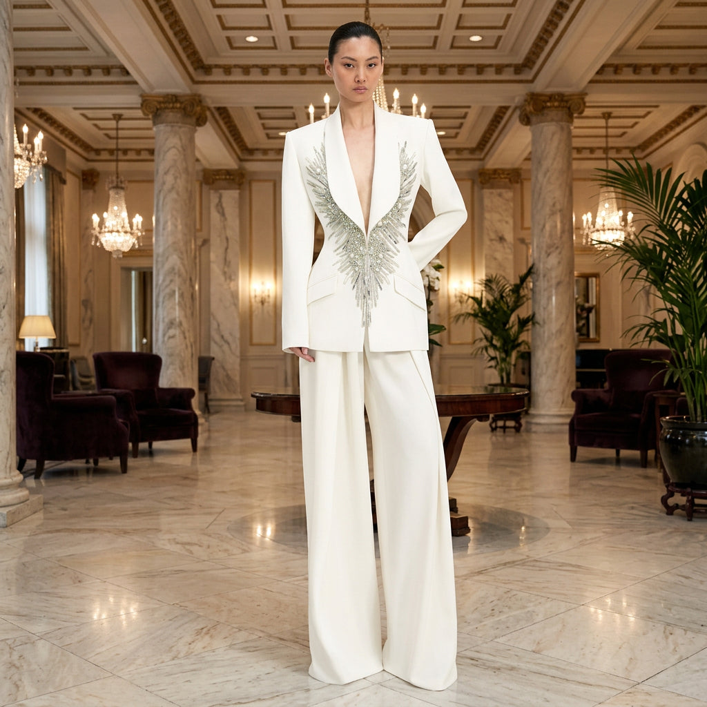 woman wearing a Crystal-Embellished Shawl Collar Blazer & Wide-Leg Trouser Suit Set