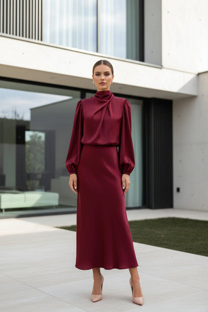 Satin patchwork midi evening dress – front view showing collage stitching detail on skirt construction