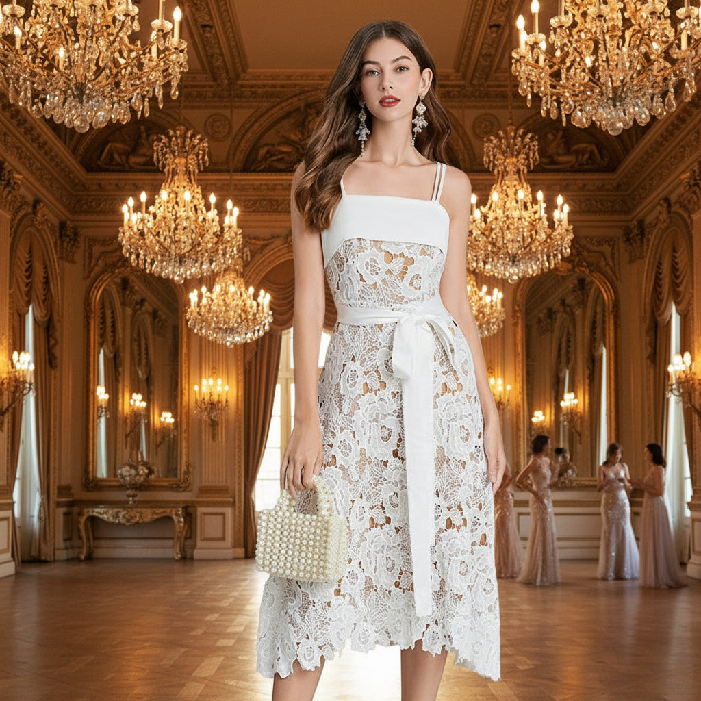 White lace embroidery hollow-out maxi dress with waist tie for holiday parties

